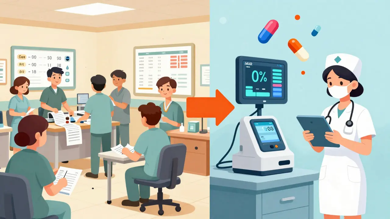 Contrasting chaotic vs. tech-enabled nursing station with medication error alerts.
