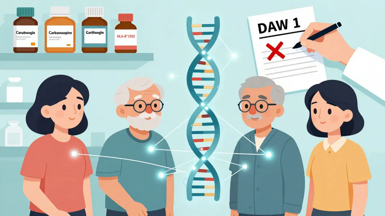 Diverse patients linked to a gene variant, with pharmacy bottles and a 'DAW 1' prescription blocking substitutions.