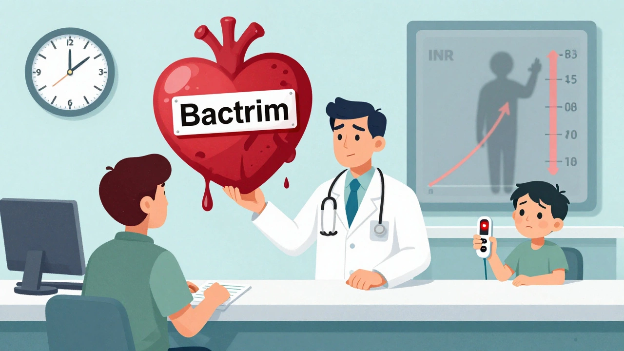 Doctor giving antibiotic prescription while a bleeding heart warning looms, and an INR meter climbs dangerously high.