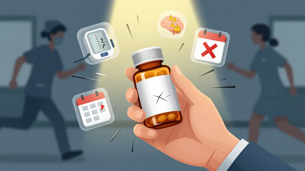 Elderly hand holds expired pill bottle with floating warning icons for incorrect dosage and timing.