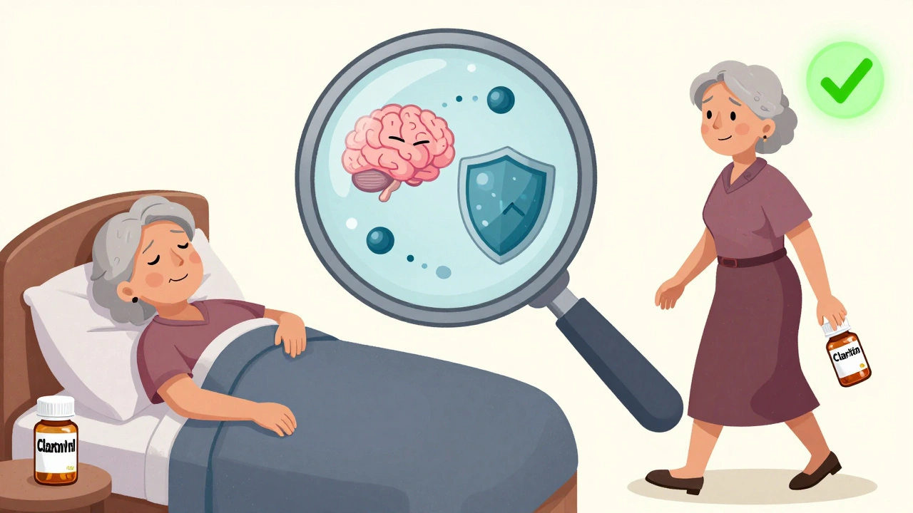 Elderly woman falling with Benadryl vs. walking confidently with Claritin.