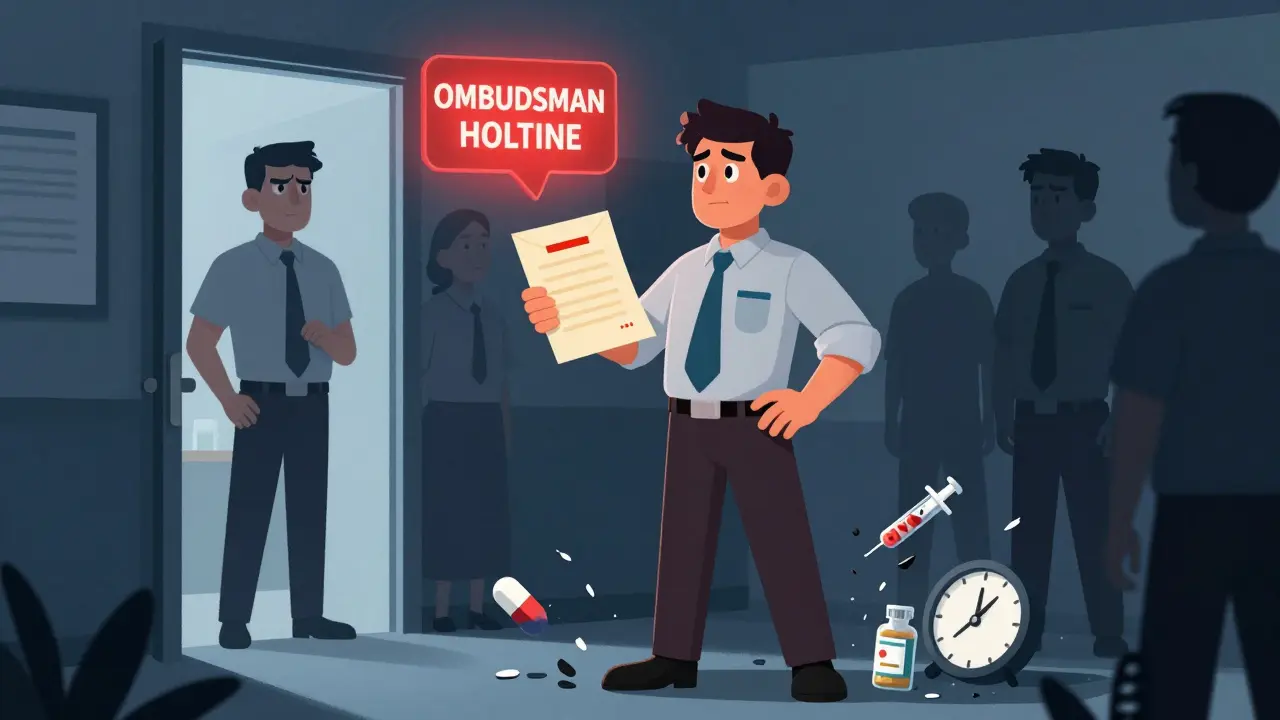 Family member reports error to administrator as ombudsman hotline glows in background.