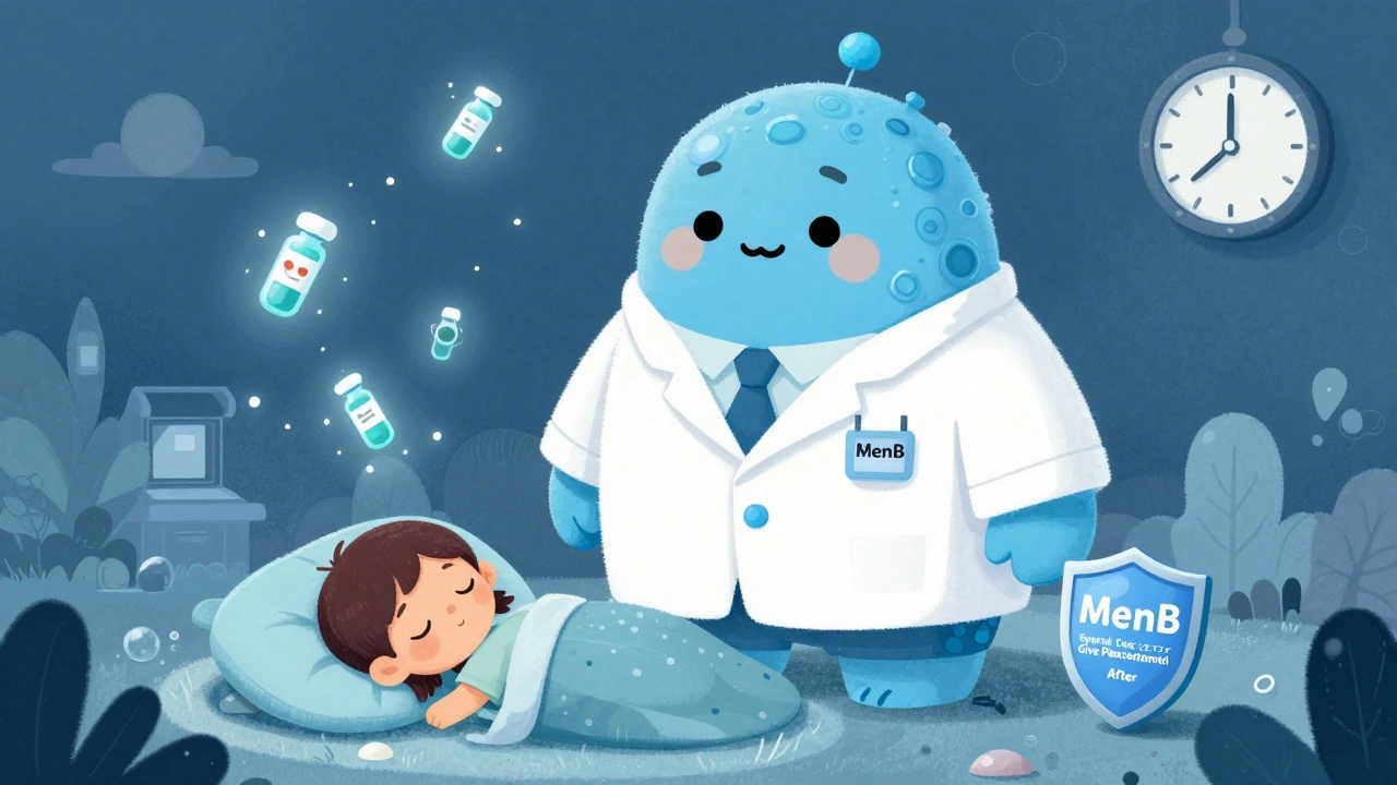 Friendly immune system superhero guarding child, vaccine particles in air, clock showing 2 p.m., MenB shield visible.