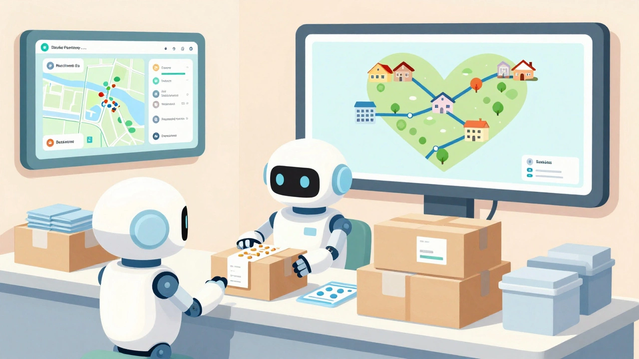 Friendly robots package medications in a high-tech mail-order pharmacy with tracking maps and insulated boxes.