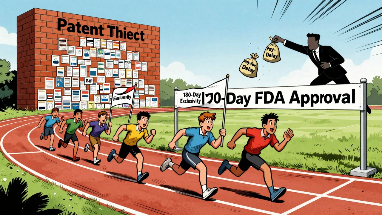 Generic drug companies racing toward FDA approval, blocked by a patent thicket and pay-for-delay money bags.