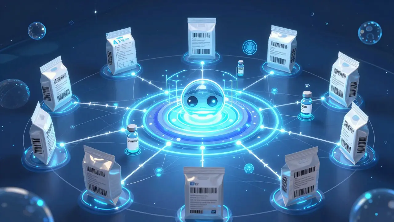Global drug packages linked by glowing data threads to a U.S. hub, with AI eyes and IoT sensors monitoring the flow.