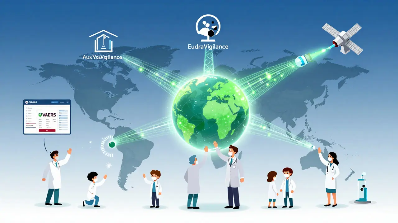Global health systems connected by glowing data streams, protecting vaccinated people worldwide.
