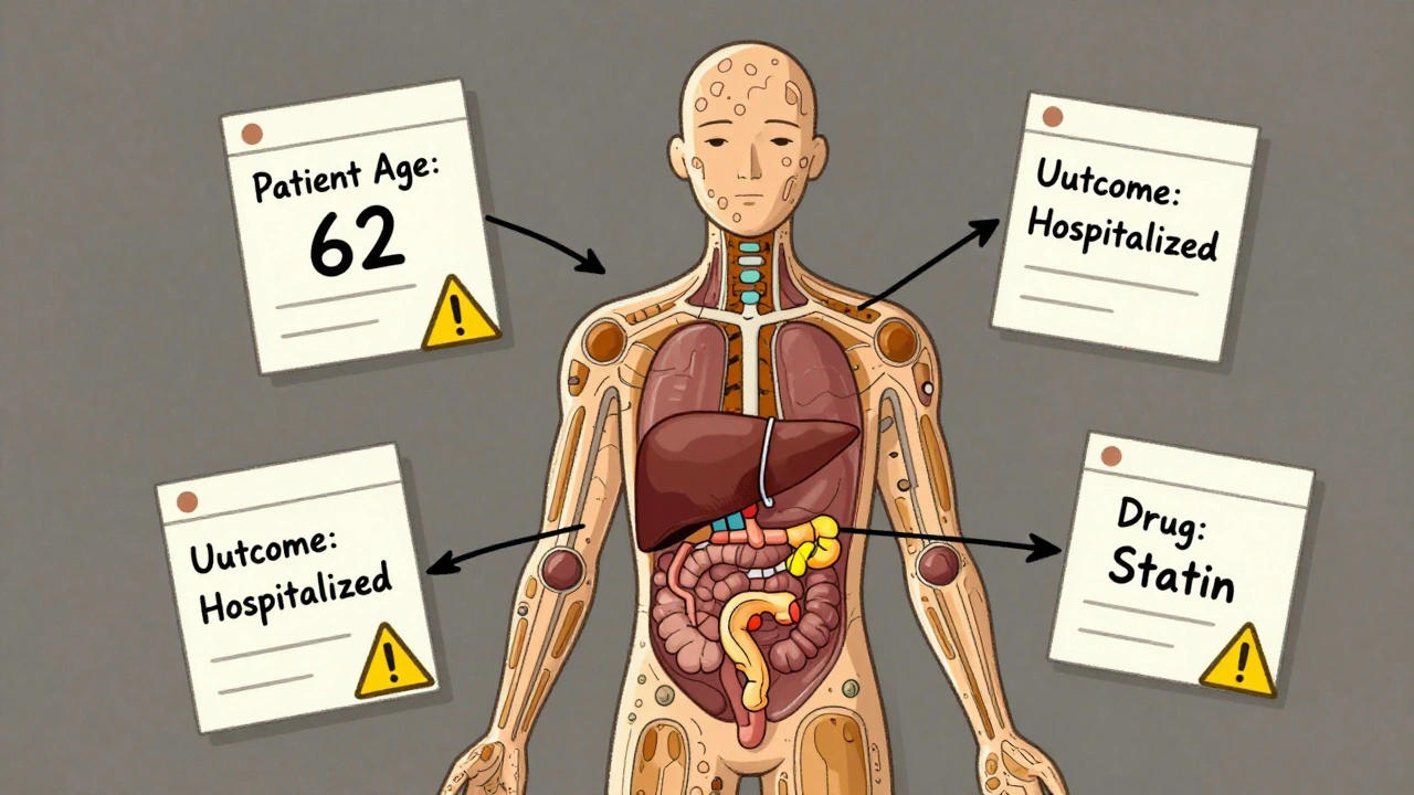 Human figure composed of data nodes with organ warnings linked to drug reports.