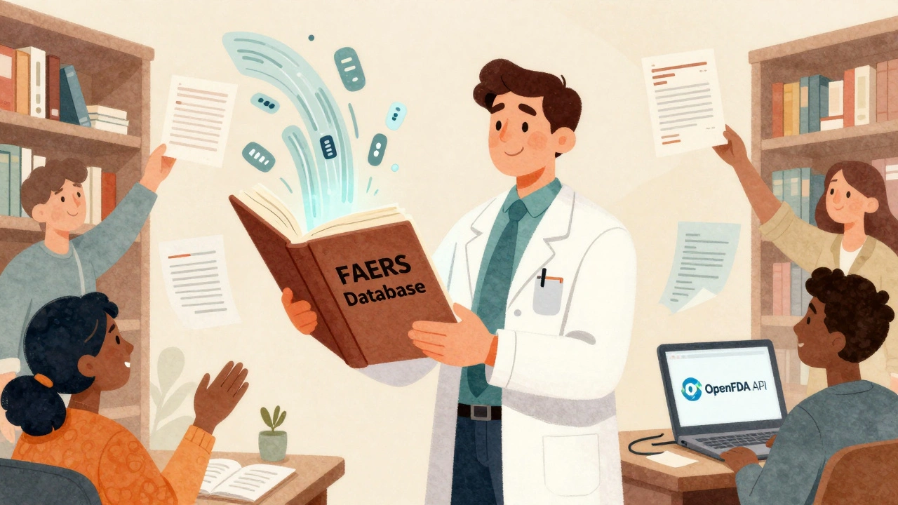 Librarian guiding data streams from FAERS database into an OpenFDA API interface.