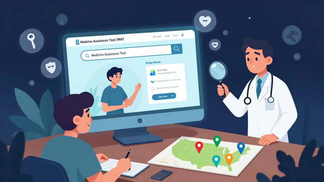 Magical search portal showing the Medicine Assistance Tool with animated assistance programs emerging as icons, guided by a pharmacist.