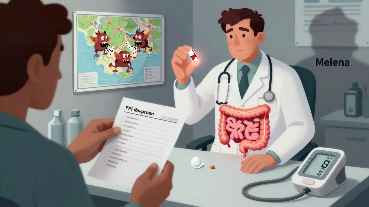 Medication pills turn into goblins chewing on the GI tract, with a cracked PPI pill failing to protect the intestines.