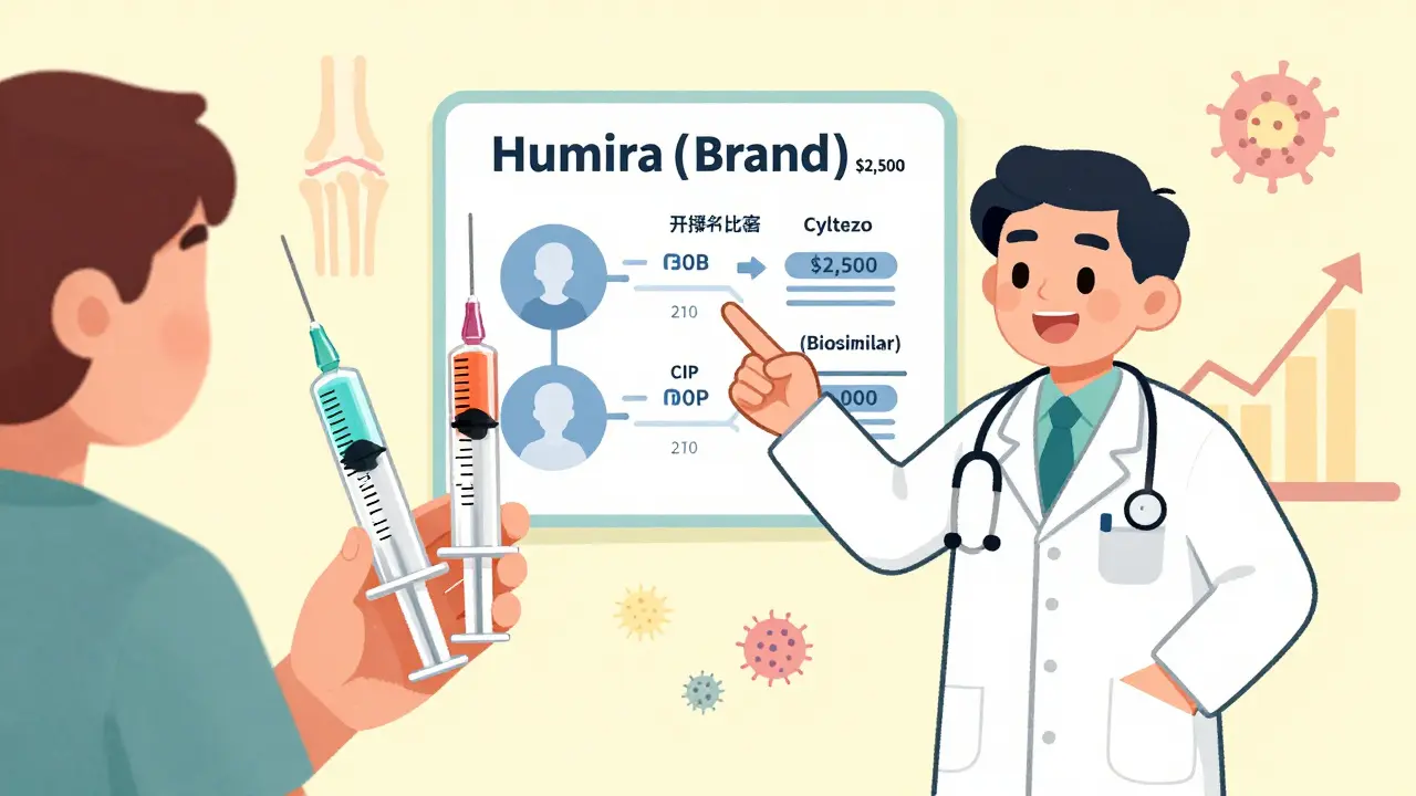 Patient comparing brand-name and biosimilar syringes with doctor explaining savings and clinical data.
