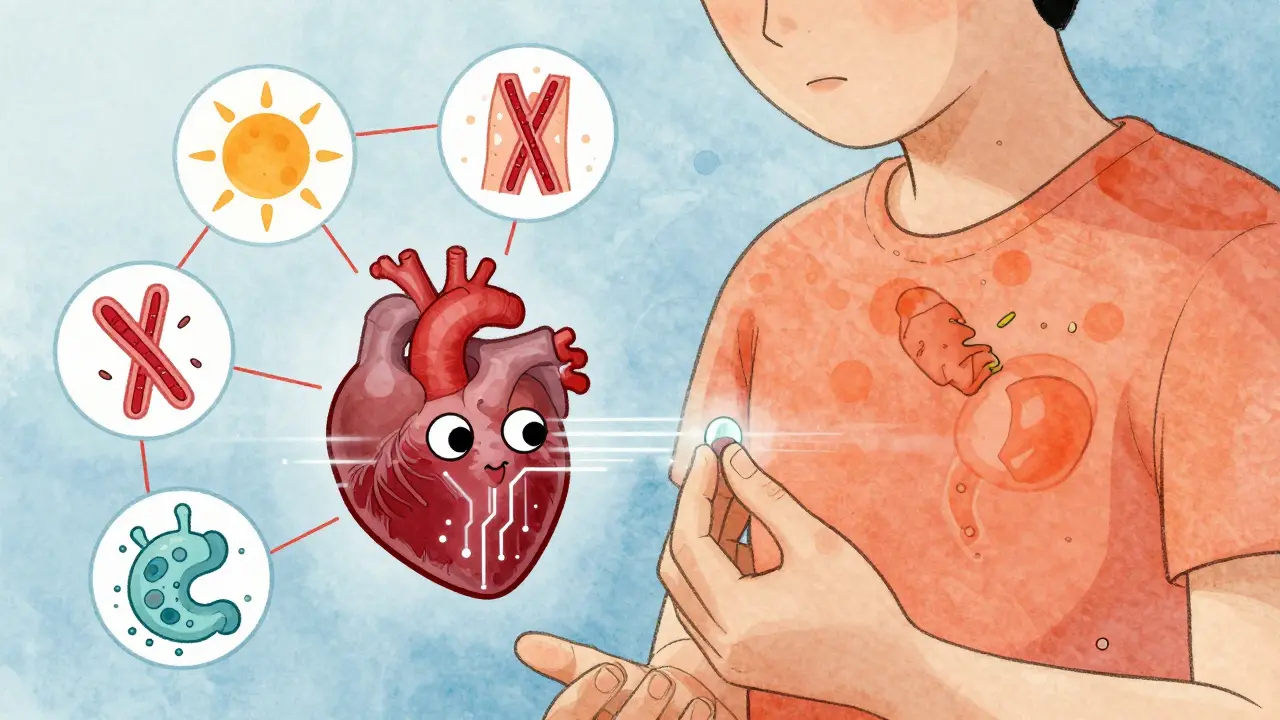 Person taking azithromycin with cartoon heart malfunctioning and side effect icons floating around — sunburn, torn tendon, stomach upset.