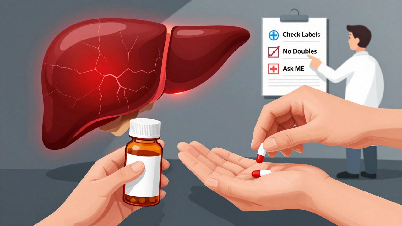 Person taking double acetaminophen as liver cracks, pharmacist holding safety checklist.