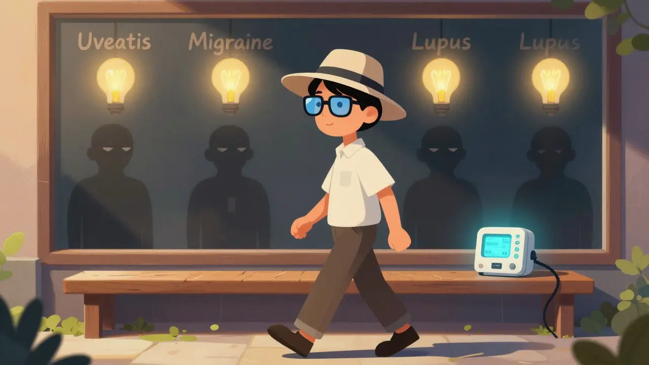 Person walking outdoors with FL-41 glasses, sunlight softened, while shadowy conditions like migraine and lupus lurk behind.