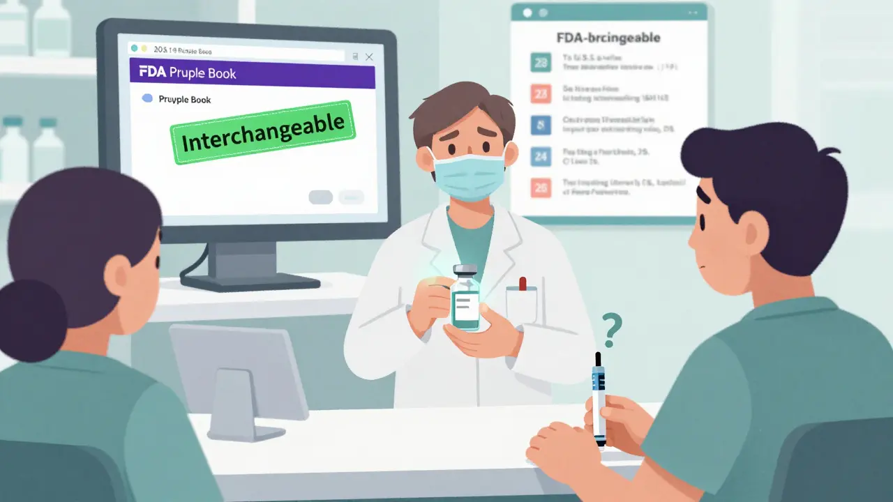 Pharmacist handing biosimilar insulin to patient while FDA interchangeability chart displays behind them.