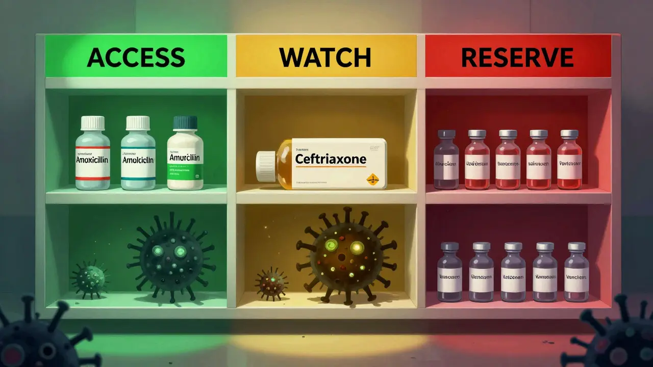 Pharmacy shelf divided into three antibiotic categories: ACCESS, WATCH, and RESERVE, with superbugs emerging from the reserve zone.