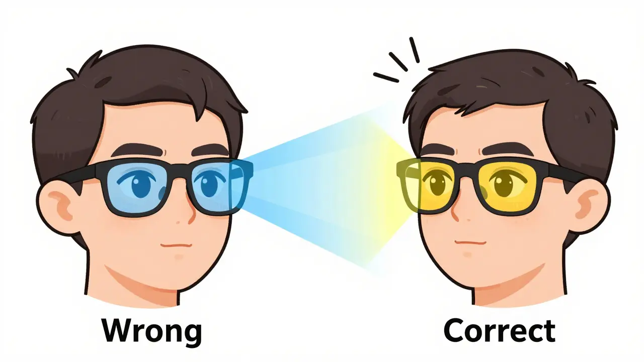 Side-by-side glasses comparison: one blocks wrong light wavelength, the other FL-41 correctly filters harmful blue-green light.