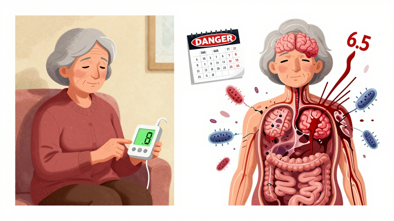Split image: calm patient using INR monitor vs. same person with internal bleeding and soaring INR after antibiotic use.