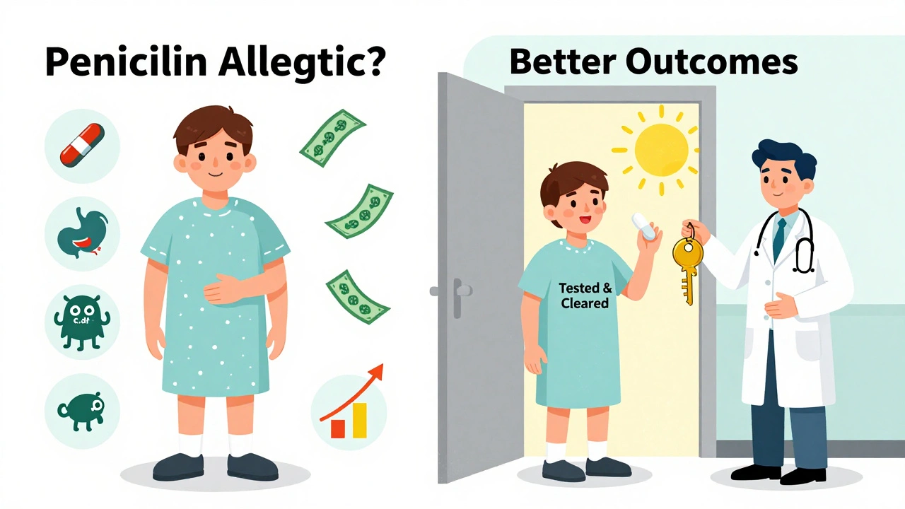 Split image: one side shows costly antibiotics and side effects, the other shows a relieved patient with a cleared allergy key.