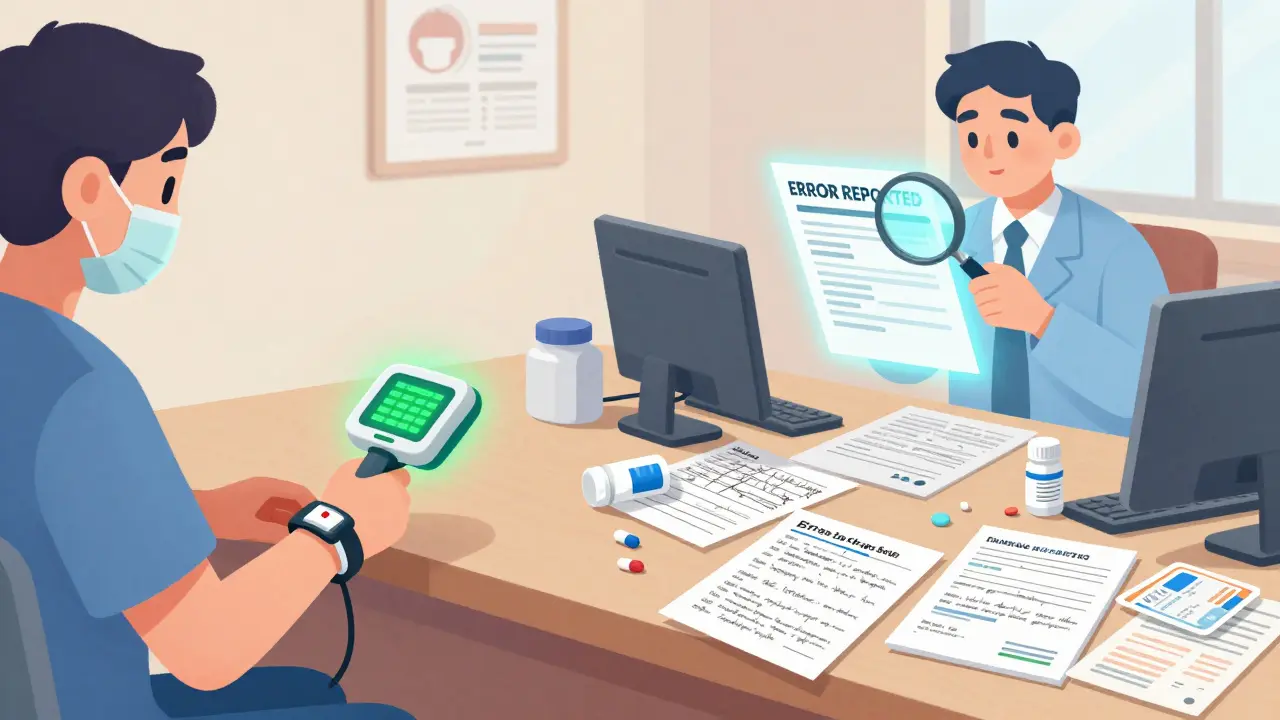 Split scene: barcode scanning system on left, chaotic paper meds on right, with ombudsman overseeing.