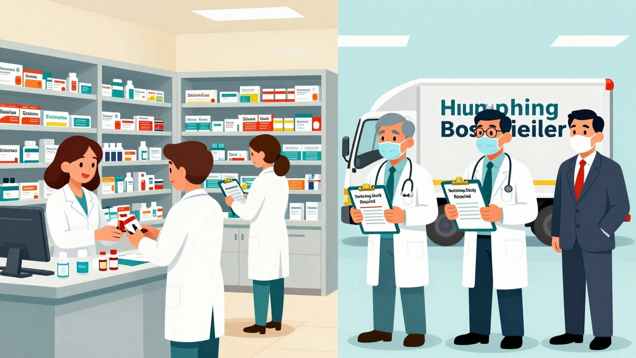 Split scene: European pharmacy automatically substituting biosimilars vs. U.S. hospital blocked by legal barriers.