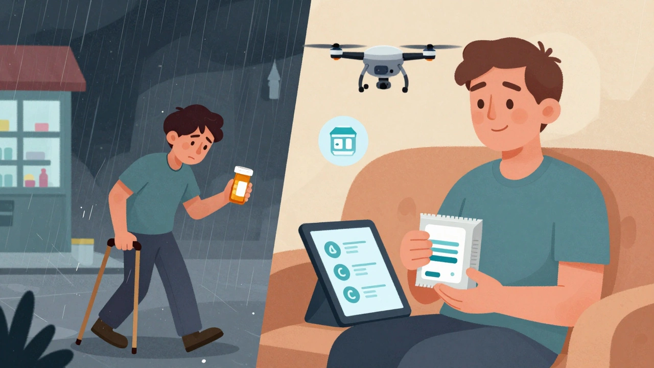 Split scene: person struggling in rain to reach pharmacy vs. peacefully receiving a drone-delivered medication at home.