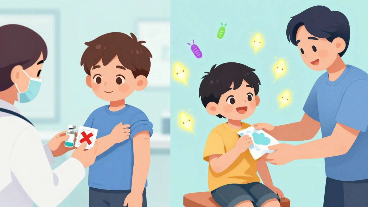 Split scene: vaccine with &#039;X&#039; over medicine on left, child comforted with washcloth and glowing antibodies on right.