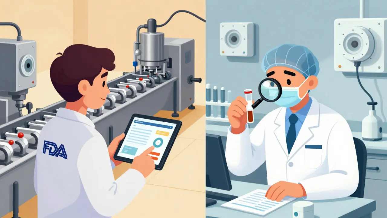 Split-screen: U.S. FDA inspector using AI data vs. EU regulator testing physical samples under strict gowning protocols.