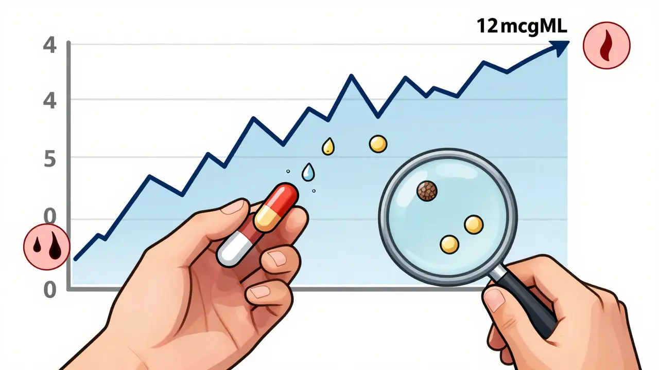 Two generic carbamazepine pills dissolving differently, with blood level graph and side effect icons nearby.