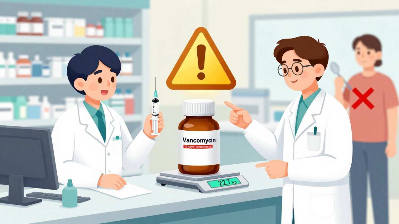 Two pharmacists verifying a pediatric liquid dose with standardized concentration and milliliter labeling.