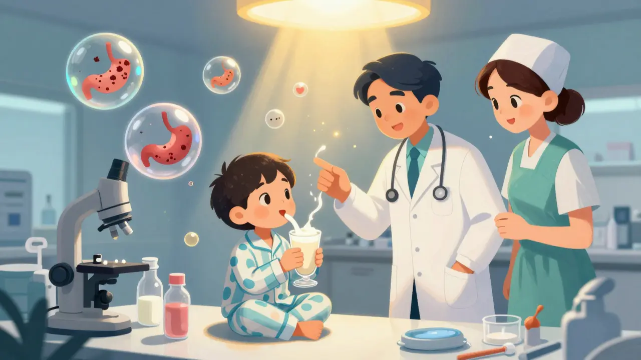 A child consumes milk in a smoothie during an oral food challenge, with fading reaction symbols and golden light indicating a safe outcome.