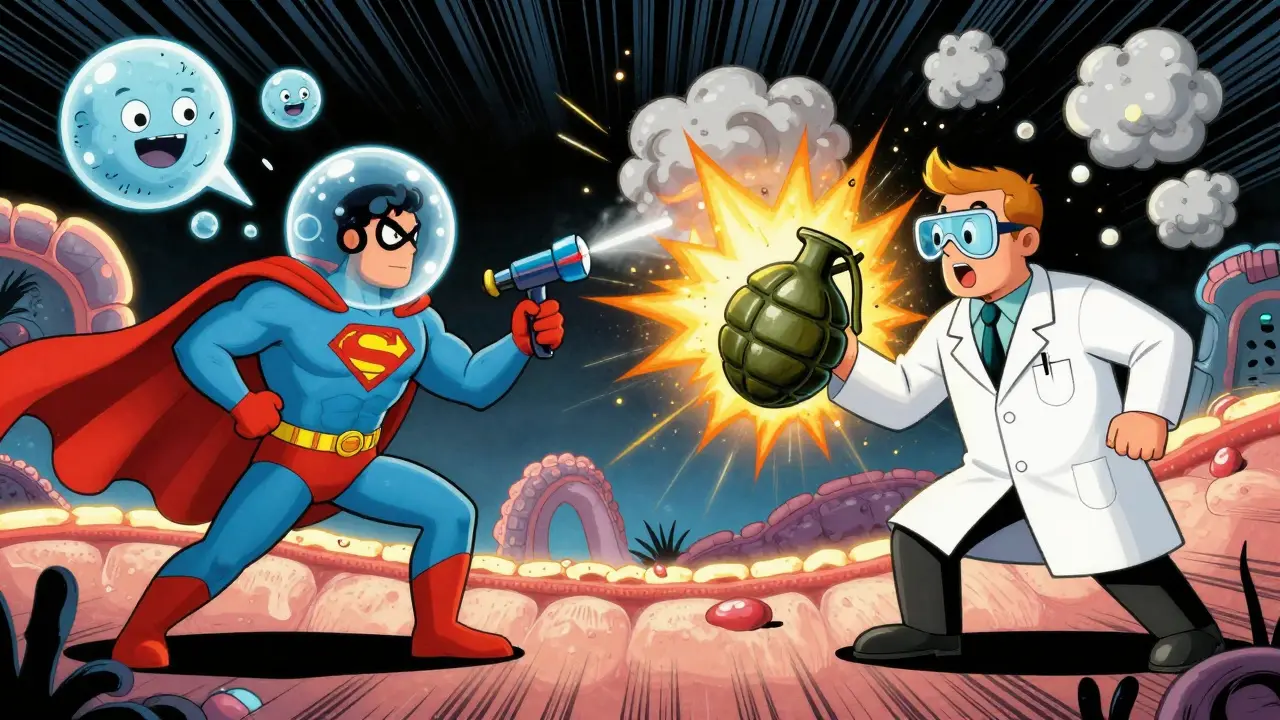 A comic-style battle between simethicone and enzyme heroes fighting gas monsters in a digestive tract setting.