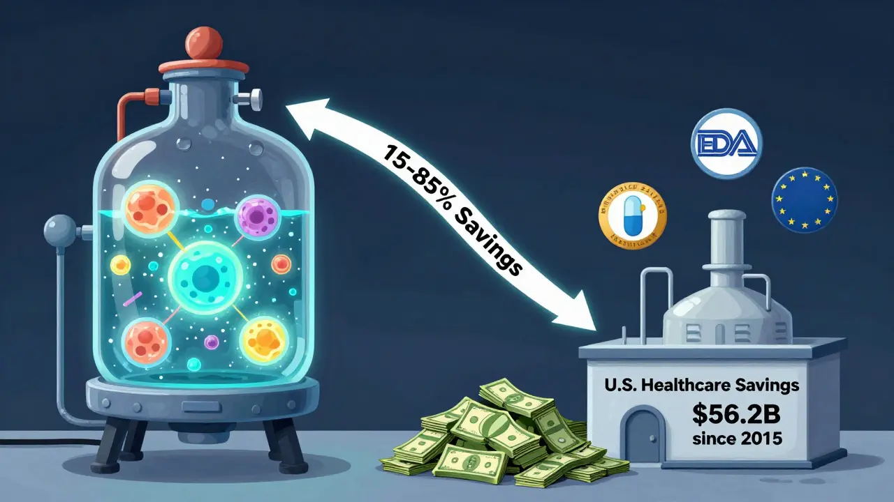A complex bioreactor for biosimilars contrasts with a simple pill factory, with savings arrows flowing to a growing money pile.