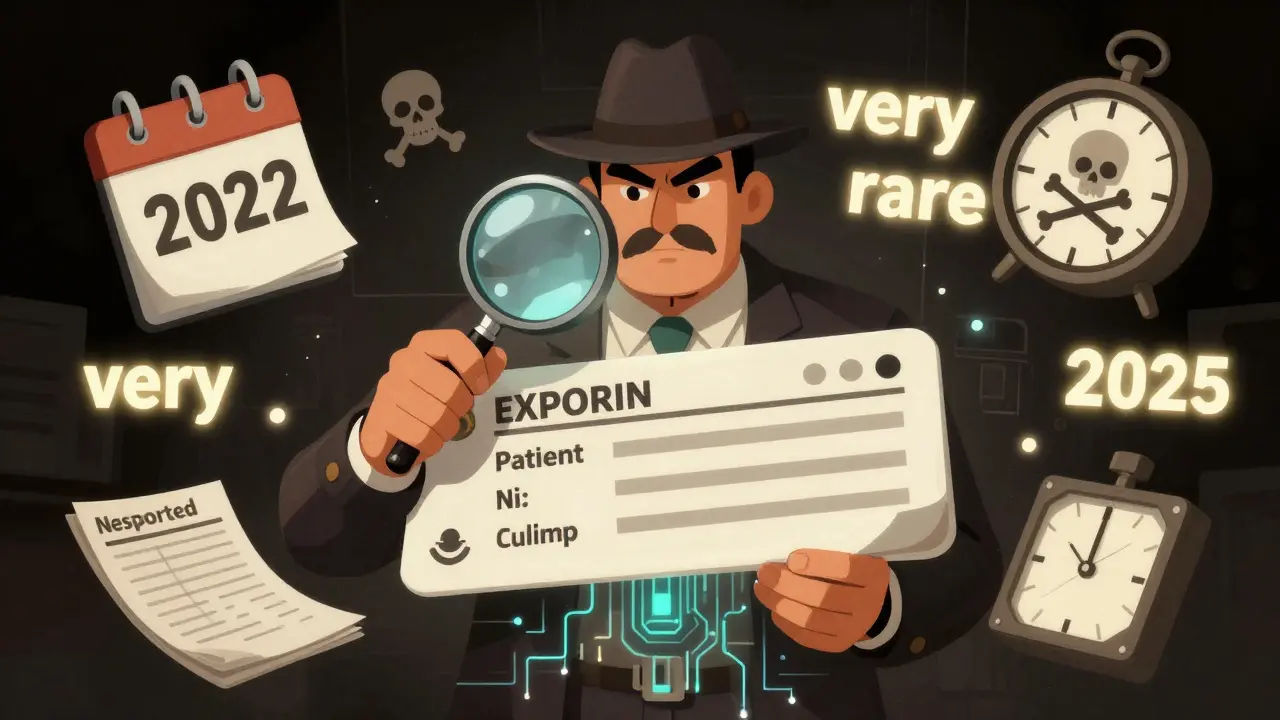 A detective examining a drug label with hidden clues like 'very rare' and AI data streams, in noir illustration style.