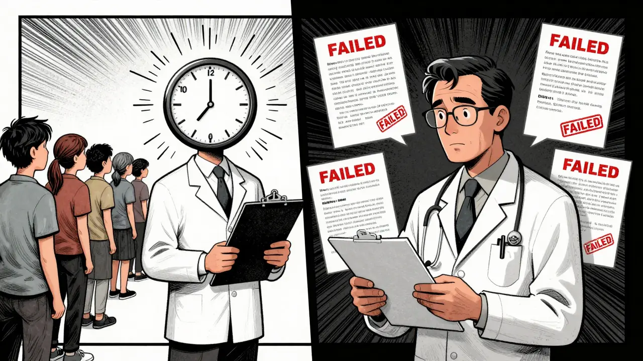A doctor confronting a withdrawal notice, surrounded by patient stories and red failure stamps.