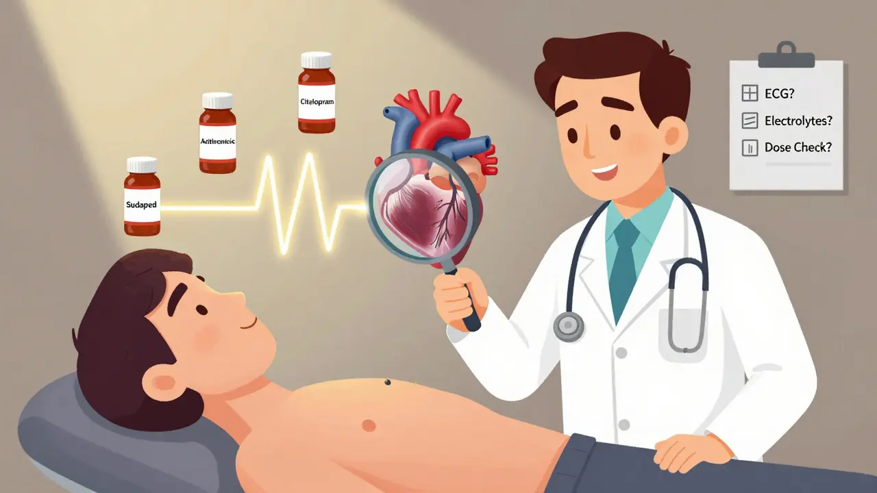 A doctor using a magnifying glass to examine a heart with an elongated QT interval and drug labels floating nearby.