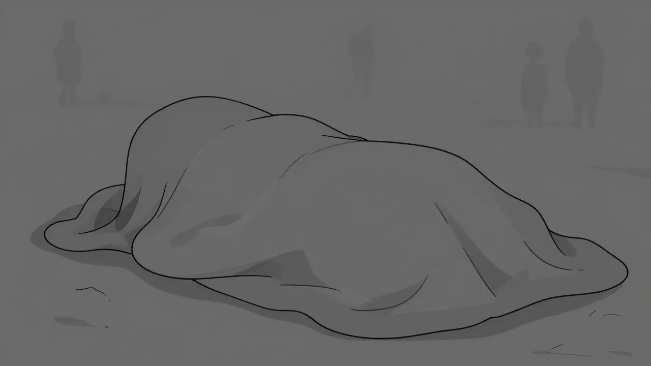 A figure weighed down by a heavy gray blanket, isolated and featureless in an empty space.