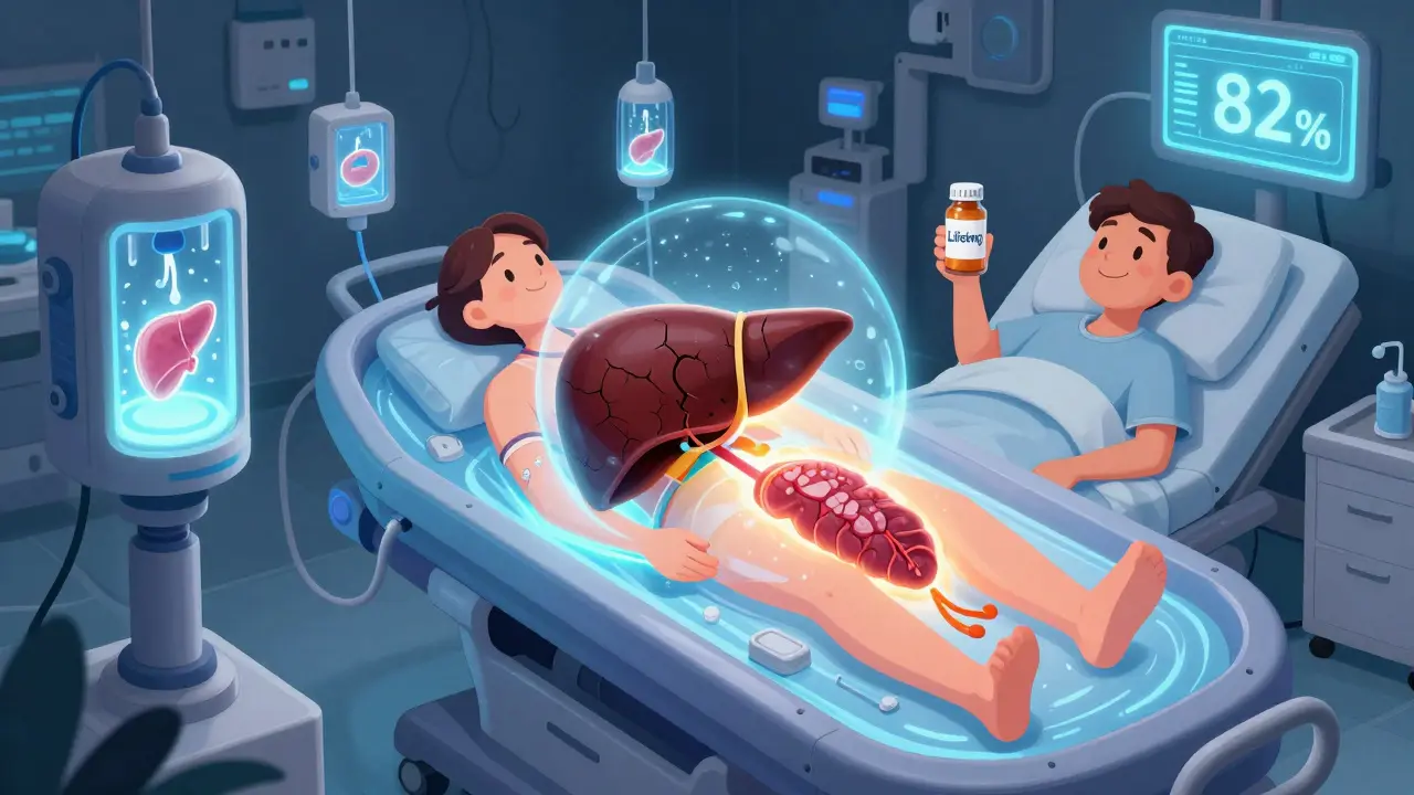 A glowing liver transplant scene with bio-mechanical devices supporting donor organs, symbolizing hope and modern medicine.