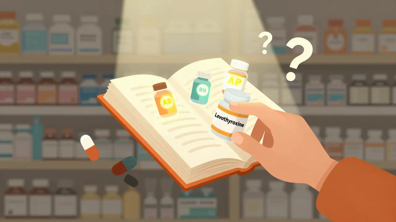 A glowing Orange Book with therapeutic ratings above generic pills, one labeled levothyroxine, with confusing pills in shadow.