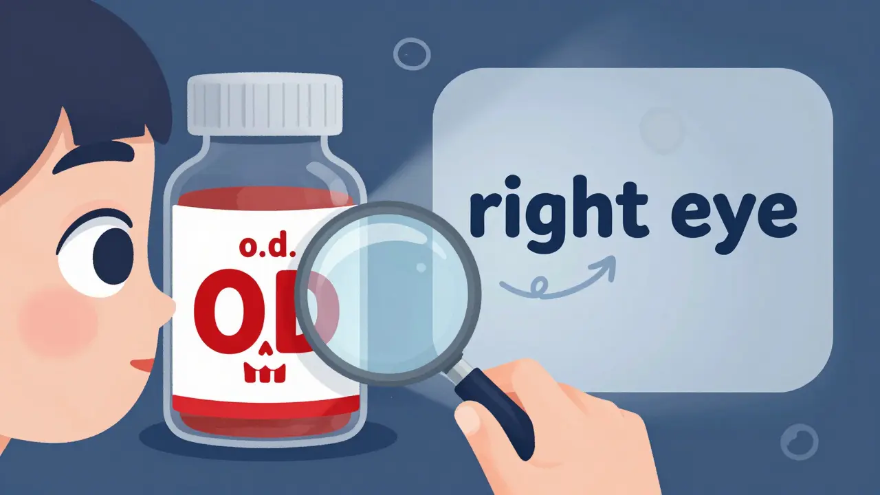 A medicine label shows 'o.d.' misread as 'OD' with warning symbols, while the correct meaning 'right eye' appears clearly beside it.
