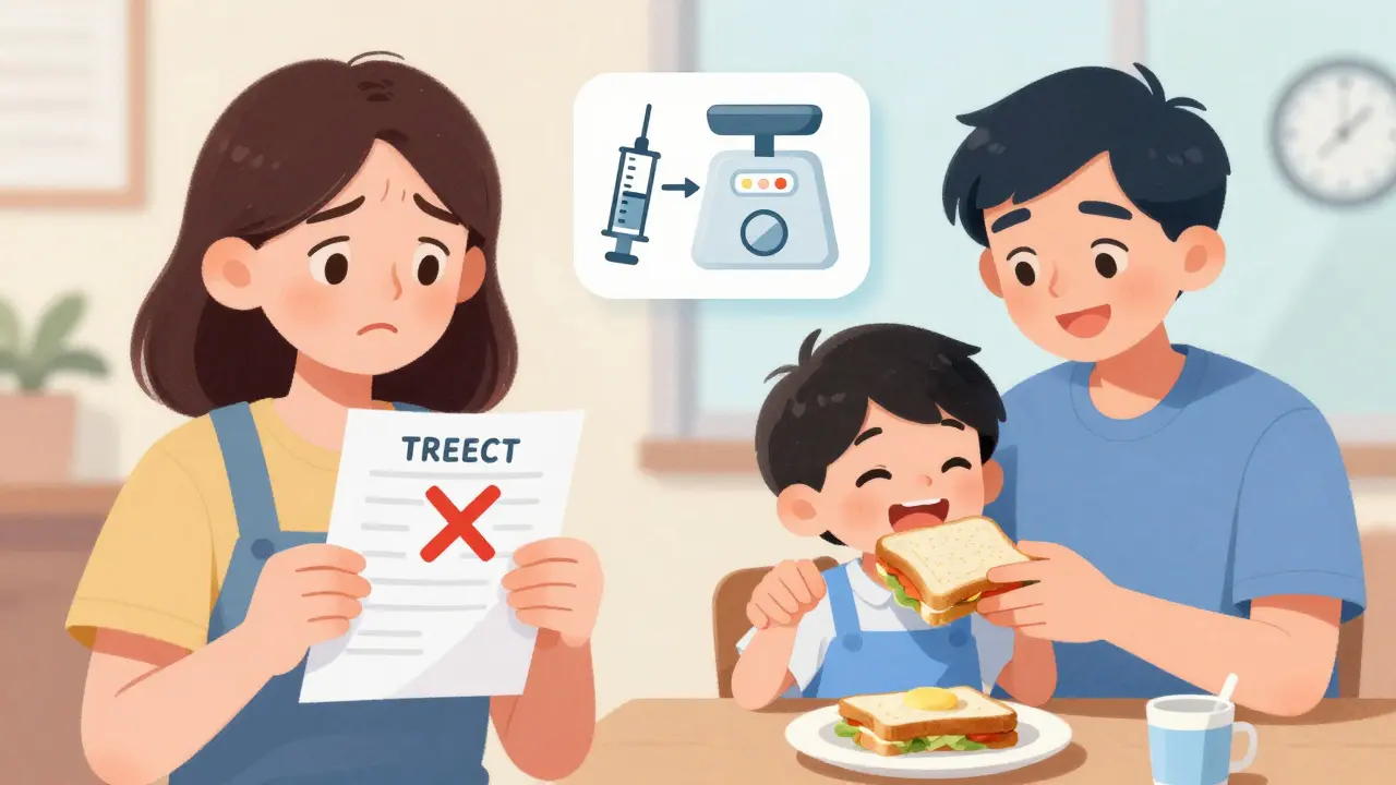 A parent transitions from anxiety over a blood test to joy as their child eats normally at school, symbolizing the life-changing result of an oral food challenge.