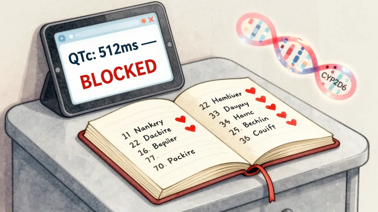 A patient's journal shows red heart symbols next to medication dates, with a hospital alert on a tablet in the background.