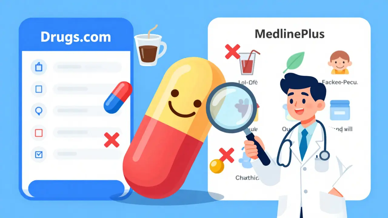 A smiling pill being checked by a magnifying glass, with side effect icons and two websites shown in the background.