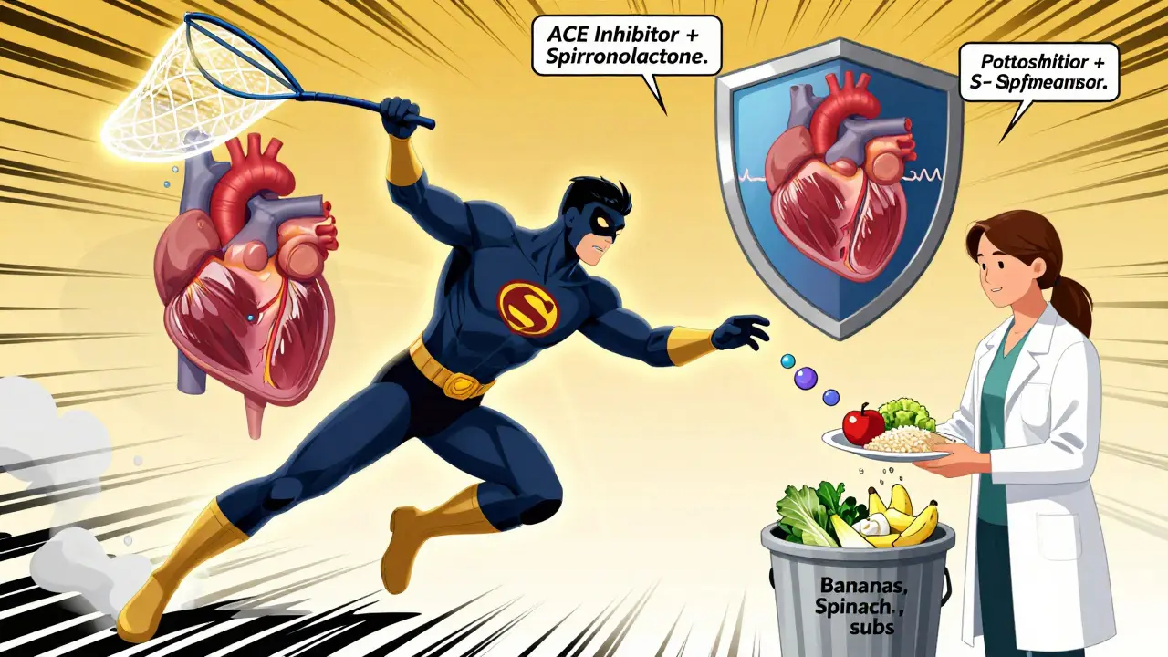 A superhero potassium binder trapping ions in the gut, protecting the heart while low-potassium foods replace risky ones.