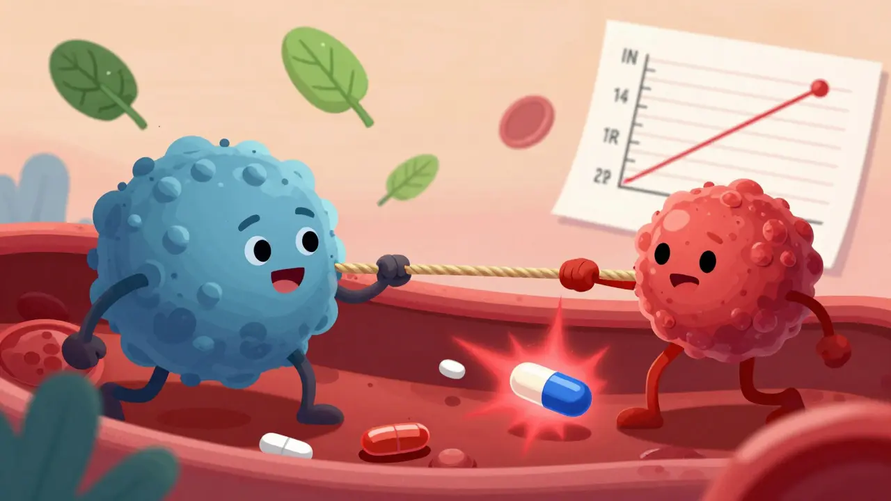 Bloodstream scene with proteins binding to medicine, one drug pushing another free, causing a warning glow and rising INR levels.