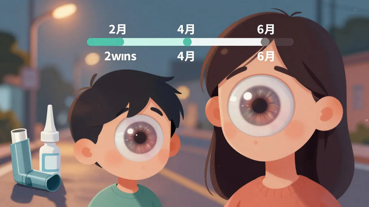 Child and adult with magnified eyes showing identical cataracts, timeline showing rapid development, medical devices in background.