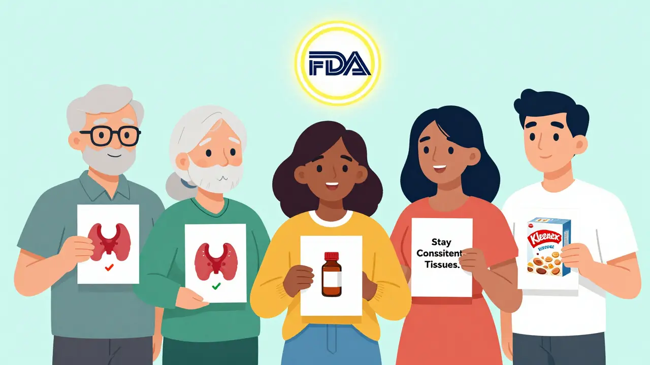 Diverse people holding simple illustrated guides for thyroid, blood thinner, and cereal analogy drug education.