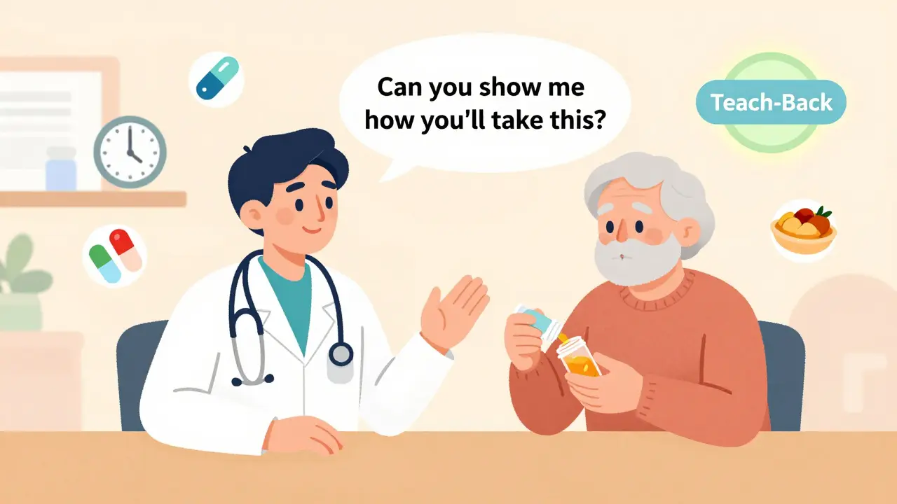 Doctor and senior using teach-back method to confirm medication understanding