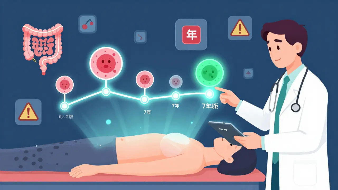 Doctor using a tablet app that projects personalized colonoscopy timelines based on polyp type and size.